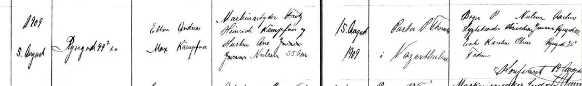 Udsnit af kirkebog, Daab af Elton Andreas Max Kempfner